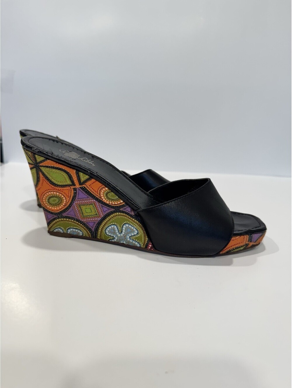 SAM & LIBBY Floral Boho Fabric Black Leather Platform Wedge Heel Slides 8.5